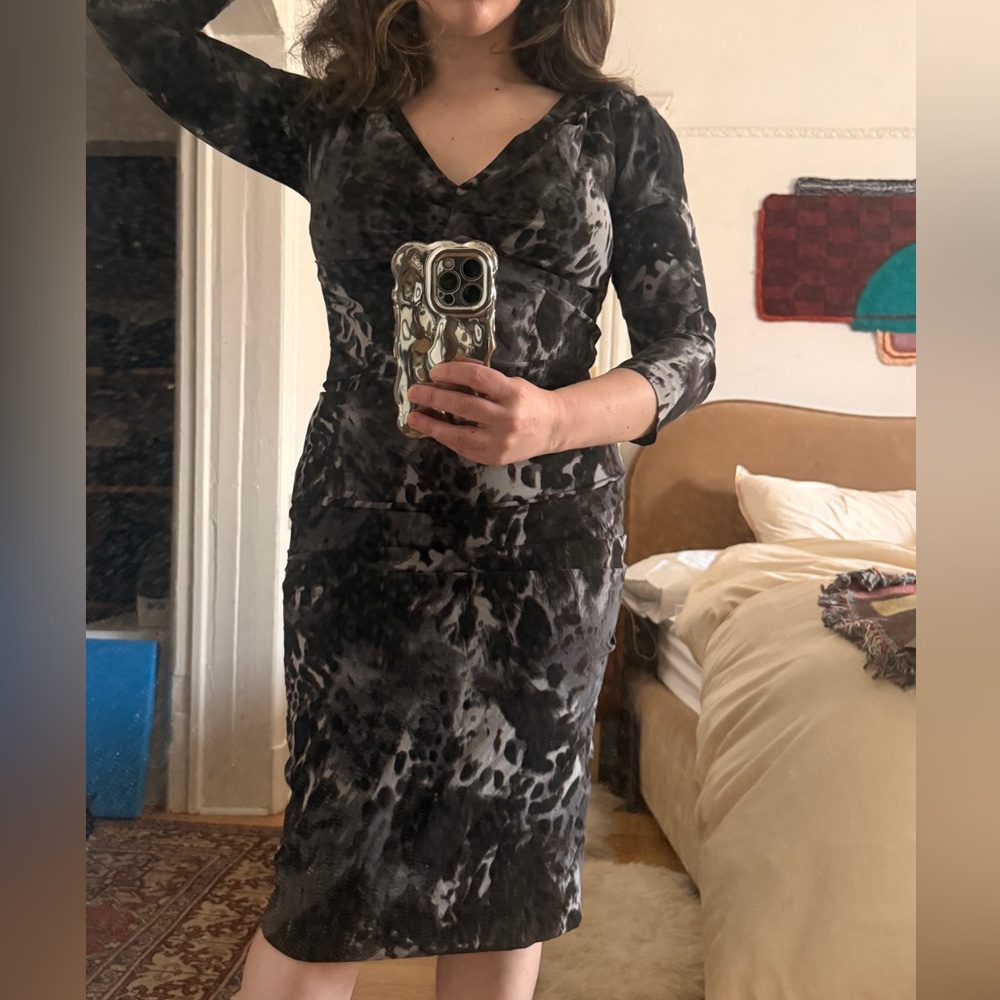 SAMANTHA SUNG Gray and Black Patterned Dress